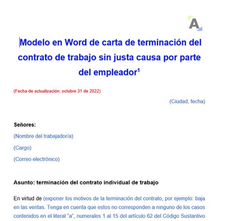 Modelo En Word De Carta De Terminación Del Contrato De Trabajo Sin Justa Causa Por Parte Del