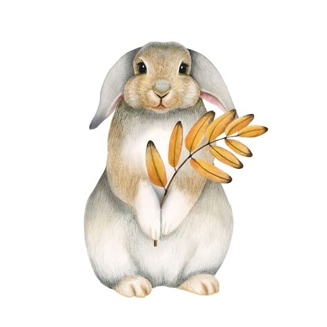 Ilustración acuarela de lindo conejo gris esponjoso con hoja amarilla