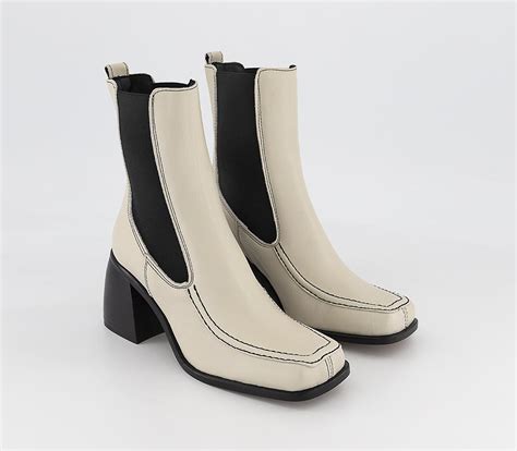 Office Axel Square Toe Apron Block Heel Ankle Boots White Leather Womens Chelsea Boots