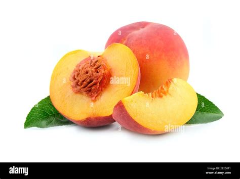 Peach Fruits With Leaves Isolated On White Backgrounds Stock Photo Alamy