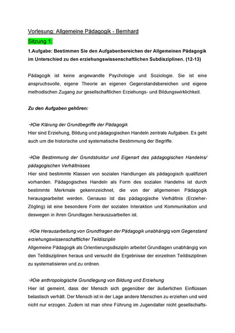 Fragen Allg P Da Vorlesung Allgemeine P Dagogik Bernhard Sitzung