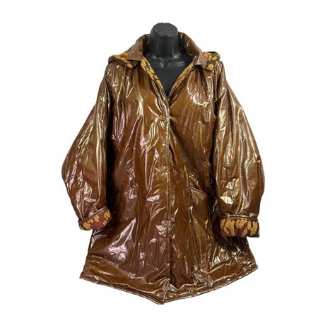 Vtg Wippette Ken Sporn Viny Hooded Rain Coat Trench L Brown Metalic