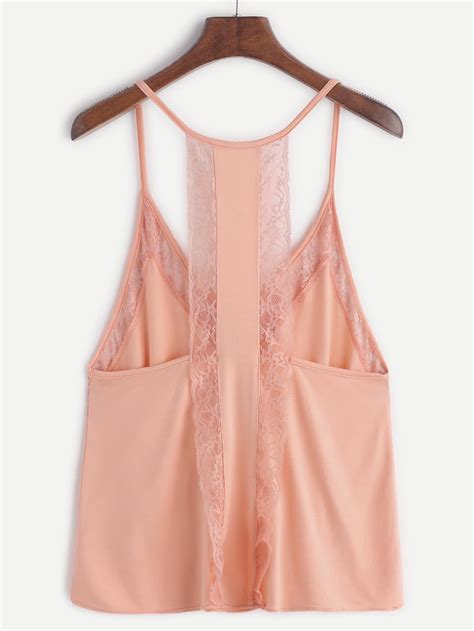 Pink Contrast Lace Trim Cami Top Shein Sheinside