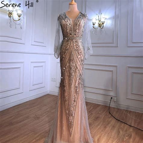 Serene Hill Luxury Nude Silver Evening Dresses Gowns 2021 Sexy Mermaid