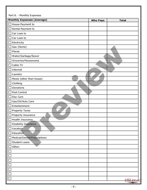 Texas Divorce Property Division Worksheet