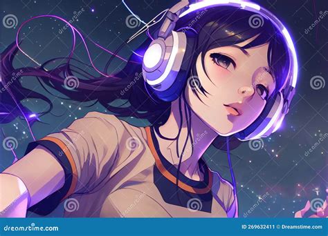 Anime Girl In Neon Headphones Generative Ai Stock Illustration Illustration Of Dusk Love