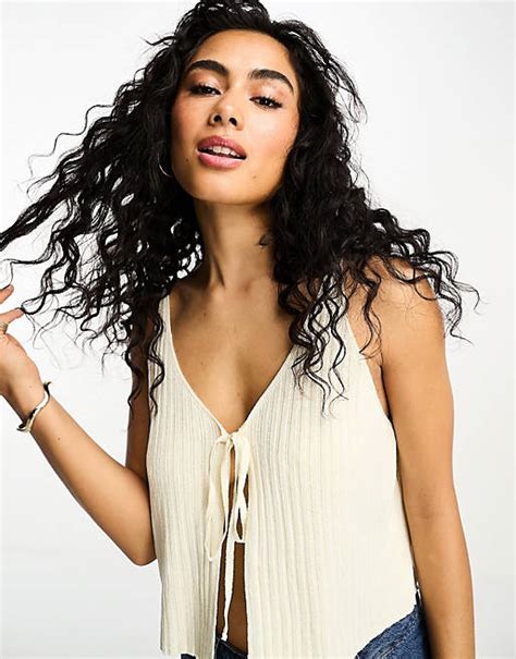 Asos Design Knit Top With Tie Front In Cream Asos