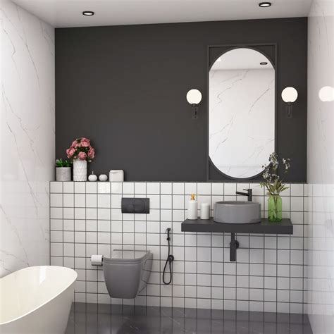 Compact Grey And White Bathroom Design With Oval Mirror And Square