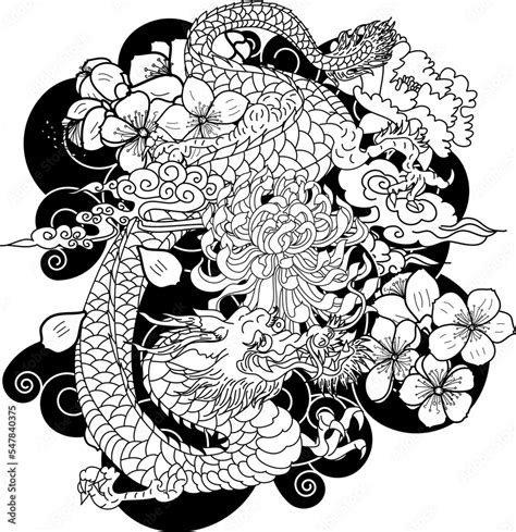 Hand Drawn Dragon Tattoo Coloring Book Japanese Style Japanese Old