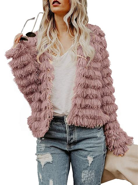 Sysea Womens Open Front Faux Fur Cardigan Vintage Parka Shaggy Jacket