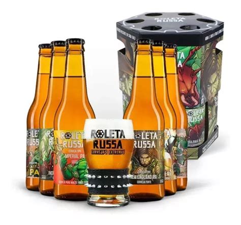 Kit Presente Cerveja 6 Roleta Russa Garrafa 355ml Copo Spike Frete grátis