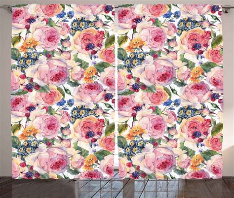 Shabby Chic Curtains 2 Panels Set Country Life Design With Flowers