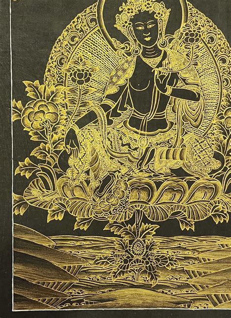 Green Tara Thangka Buddhist Traditional Painting Tibetan Style Black