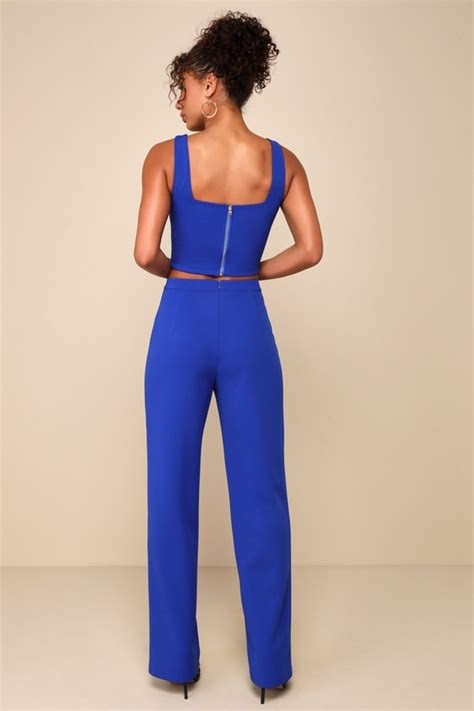 Blue Sleeveless Jumpsuit 2 Pc Jumpsuit Wide Leg Jumpsuit Lulus