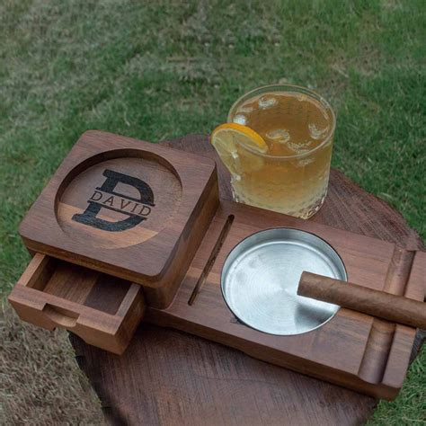 Personalized Cigar Ashtray With Coaster Custom Walnut Wood Cigarette Ashtray Whiskey Lover