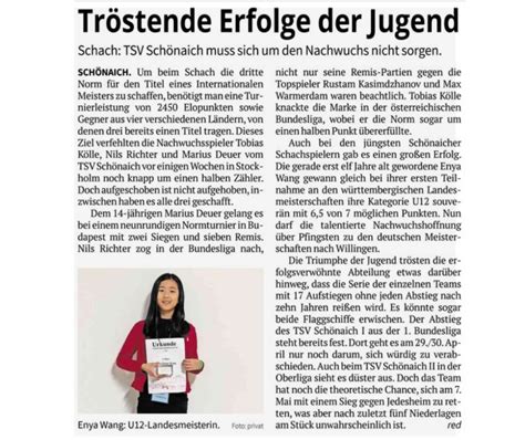 Enya Wang Schach Tsv Sch Naich Das Stiftsgymnasium In Sindelfingen