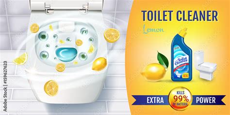 Citrus Fragrance Toilet Cleaner Gel Ads Vector Realistic Illustration With Top View Of Toilet