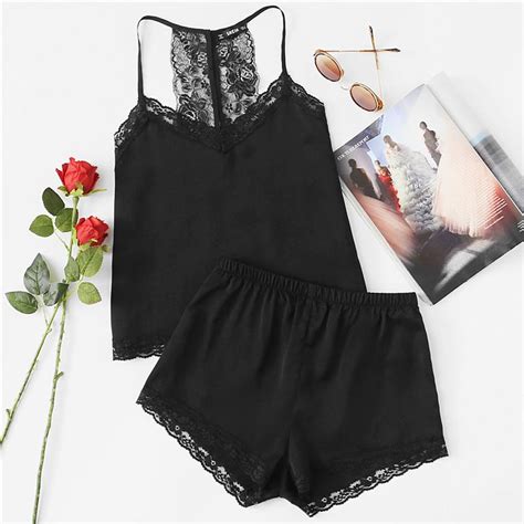 Lace Racerback Cami And Shorts Pajama Set Women Black V Neck Sleeveless