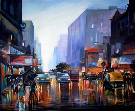 City Street at Rainy Night-Acrylic on Canvas Painting by Samiran Sarkar ...