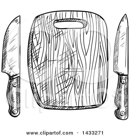 Clipart of a Sketched Black and White Cutting Board and Knives ...