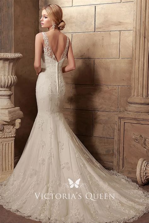 Classic Ivory Beaded Lace And Satin V Neckline Mermaid Chapel Train