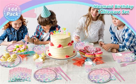 Poqirzan 144PCS Mermaid Party Tableware Set Mermaid Birthday Party