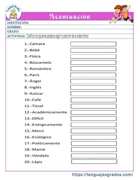 Acentuación Clasificación De Palabras Para Niños Con Ejercicios