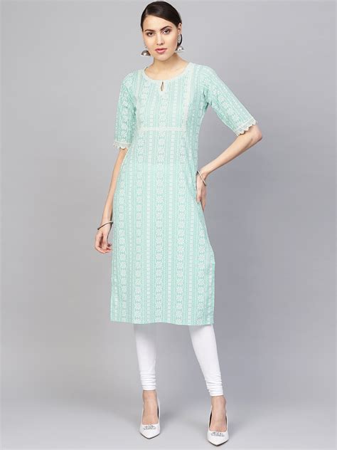 Buy Libas Women Sea Green And White Block Print Straight Kurta Kurtas