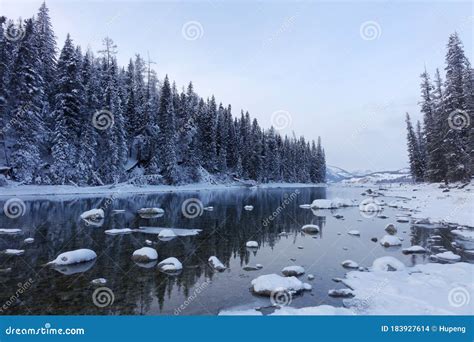 Kanas Lake in winter stock photo. Image of color, freeze - 183927614