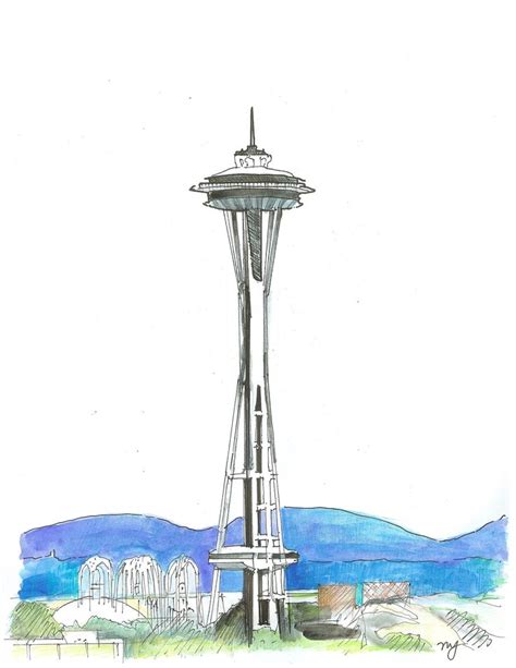 Space Needle Art Original Drawing Observation Tower Seattle, Washington Seattle Architecture ...