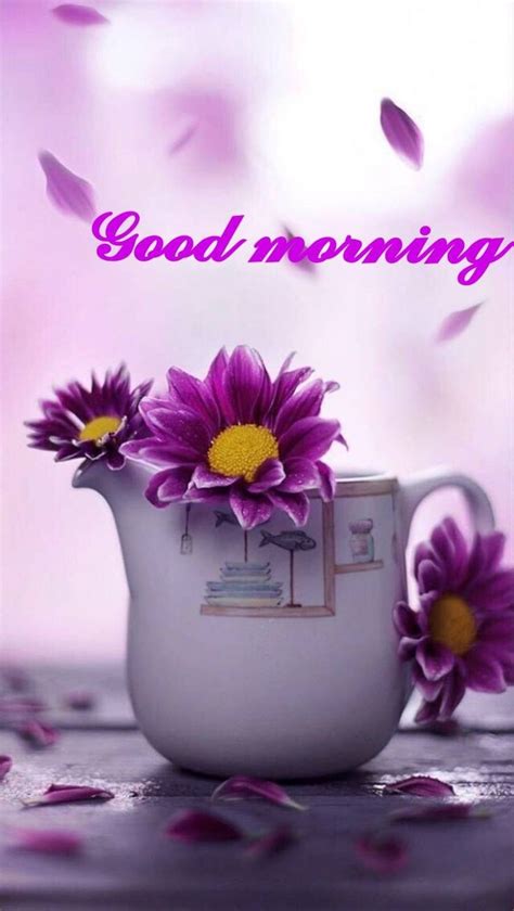 Purple Flowers In A White Pitcher With The Words Good Morning