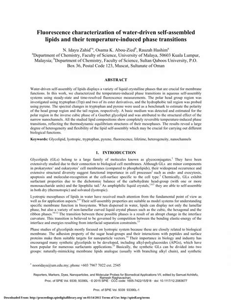 Pdf Fluorescence Characterization Of Water Driven Self Assembled