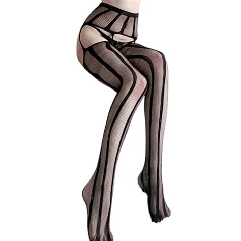 Women Striped Fishnet Tights Suspender Pantyhose Sexy Lingerie Garter Stockings EBay