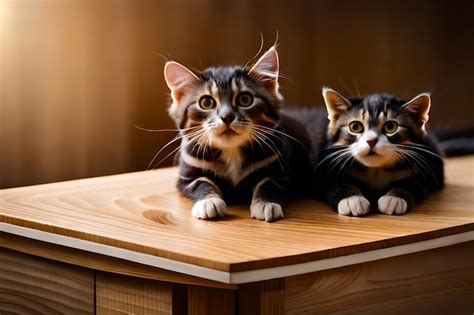 Premium Ai Image Two Cats Are Sitting On A Table And One Is Looking Up