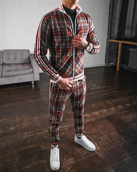 2021 Mens Tracksuit Spring Autumn Fashion Plaid Tracksuit Casual Two