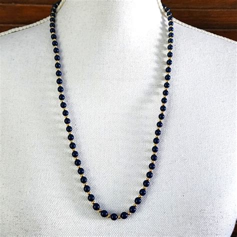 Monet Jewelry Designer Signed 9s Monet Navy Bead Necklace Single Strand Gold Tone Vintage