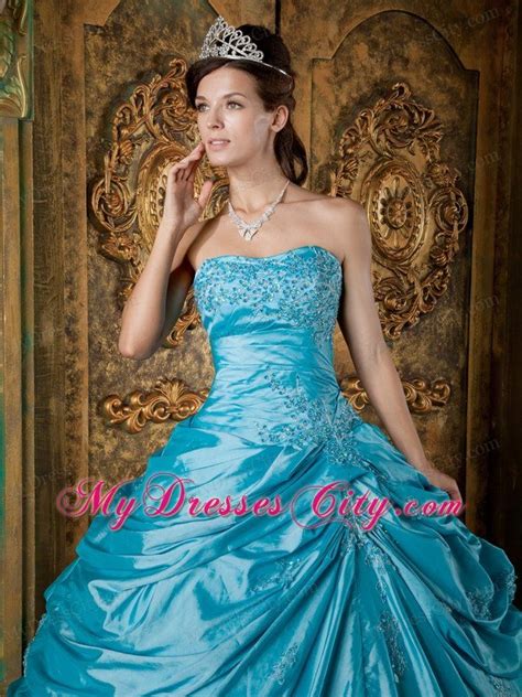 Latest Puffy Taffeta Appliques Pick Ups Teal Quinceanera Dress