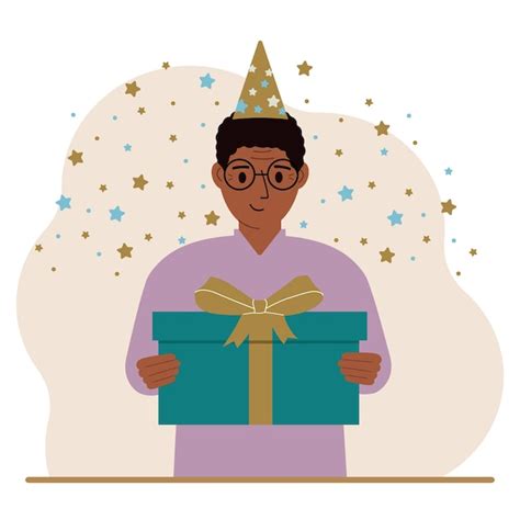 Premium Vector A Man With A Festive Cap Holds A Large Gift Box With A Bow