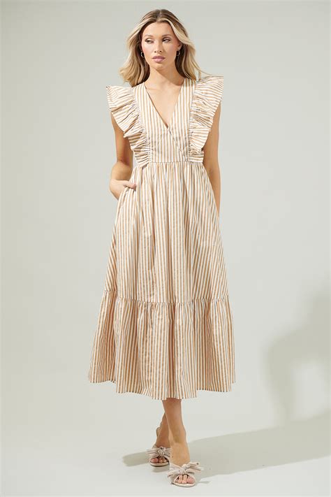 Luna Striped Fairness Taupe Poplin Surplice Midi Dress Sugarlips