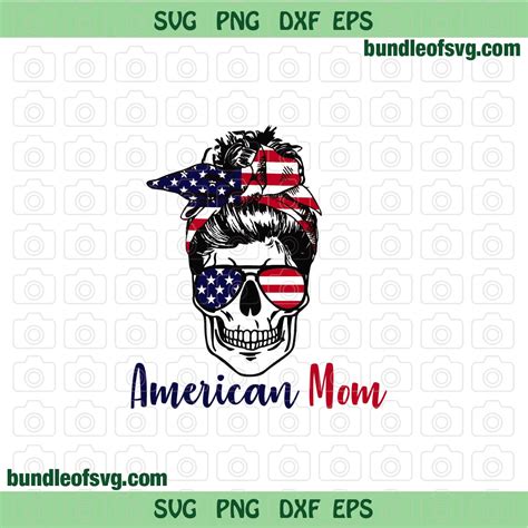 American Mom Svg Usa Flag Skull Patriotic Messy Bun Svg Png