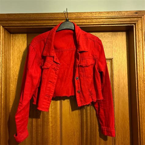 Red Cropped Denim Jacket Perfect Depop