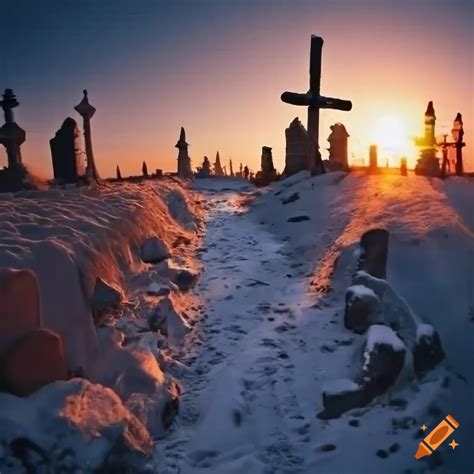 Sunset Over A Snowy Cemetery Path On Craiyon