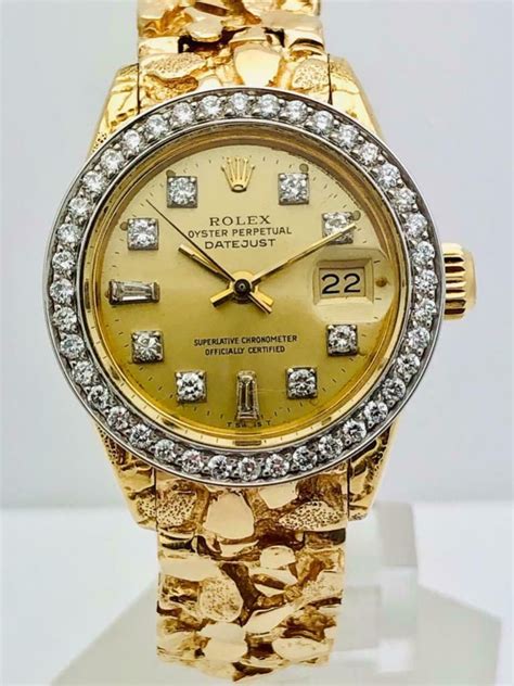 Estate Rolex Nugget Ladies President 18k Gold Datejust Diamond Bezel