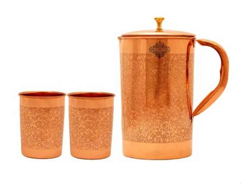 Indian Art Villa Copper Jug With Glass Embossed Design Pieces