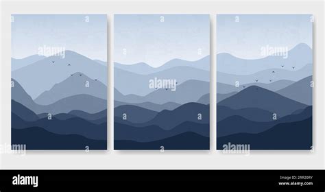 Aesthetic Minimalist Blue Mountains With Flying Birds Landscape Posters