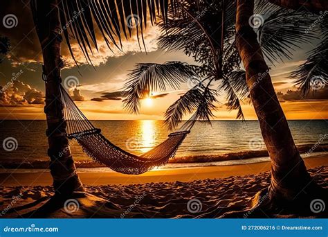 A Tropical Beach At Sunset With A Hammock Under A Palm Tree Stock