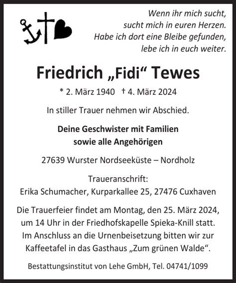 Friedrich Tewes Gedenken Nordsee Zeitung