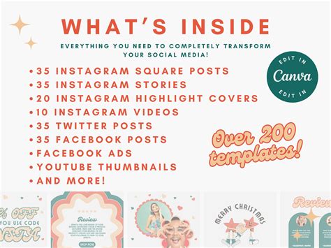 Editable Social Media Template Bundle Retro Red Green Cherry Talk Branding Customizable Canva