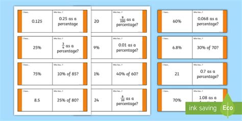 Fractions Decimals And Percentages I Have Who Has Game