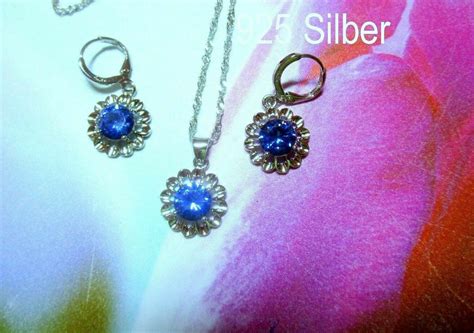 Silber Schmuck Set Sonne Blume Blau Zirkon Kette Anh Nger Creolen